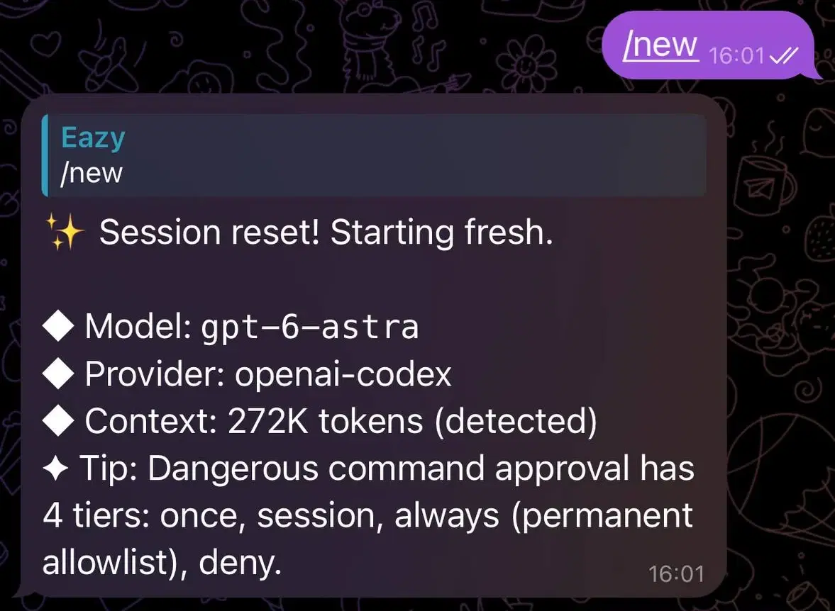 Bildschirmfoto eines Telegram-Chats auf dem Handy mit dunklem Hintergrund. Auf den Befehl „/new“ antwortet der Bot unter dem zitierten Befehl mit „Session reset! Starting fresh.“, darunter die Zeilen „Model: gpt-6-astra“, „Provider: openai-codex“, „Context: 272K tokens (detected)“ und der Tipp „Dangerous command approval has 4 tiers: once, session, always (permanent allowlist), deny.“