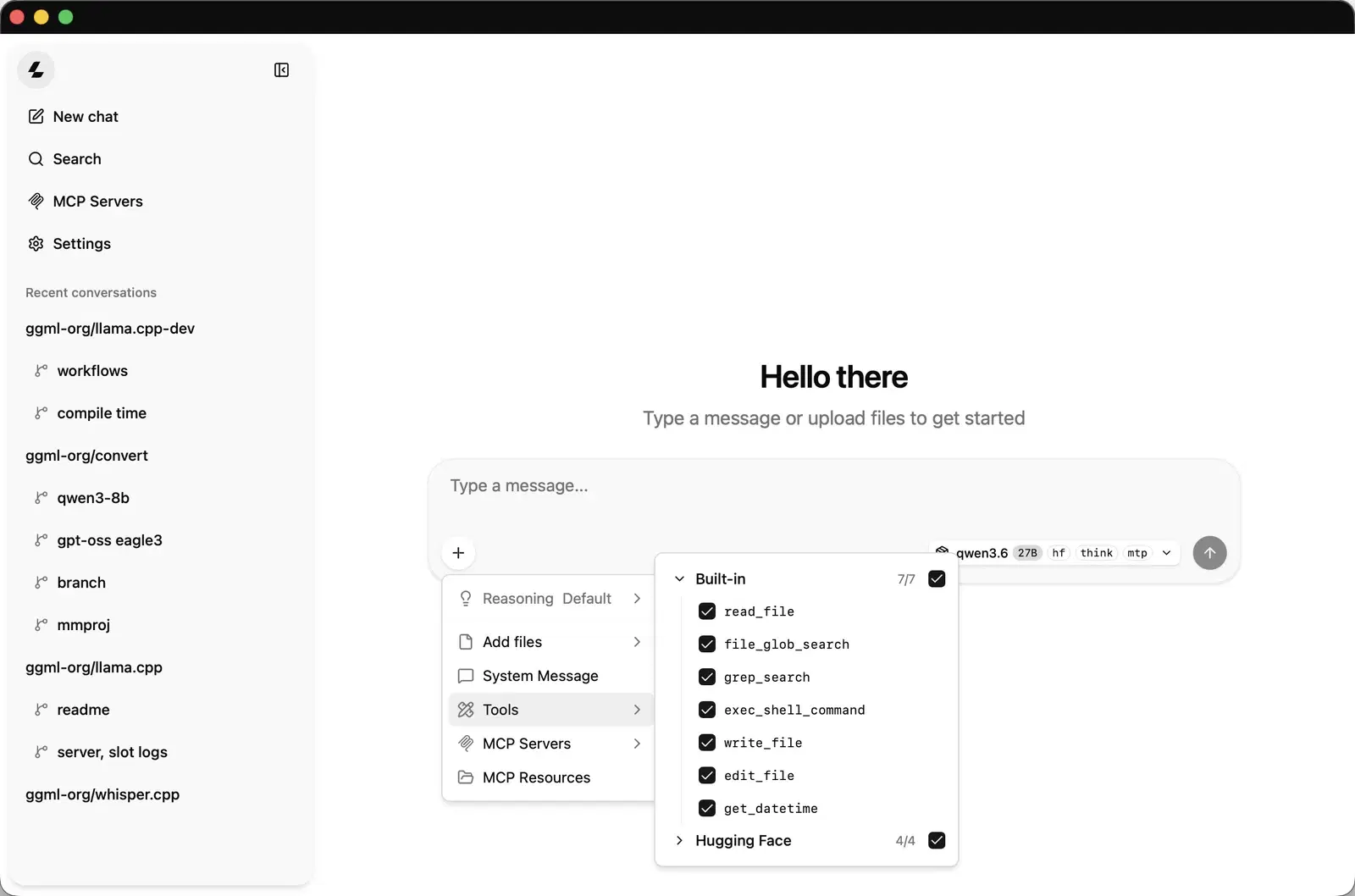 Web-Oberfläche von llama.cpp im Browser: links eine Seitenleiste mit „New chat“, „Search“, „MCP Servers“, „Settings“ und einer Liste früherer Gespräche, rechts die Begrüßung „Hello there“ und ein Eingabefeld mit dem Modell „qwen3.6 27B“. Geöffnet ist das Menü „Tools“ mit sieben eingebauten Werkzeugen wie read_file, exec_shell_command und write_file, alle angehakt