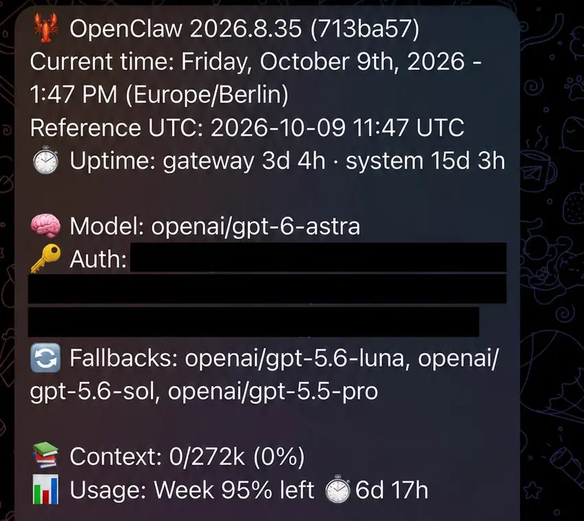 Bildschirmfoto eines Telegram-Chats auf dem Handy mit dunklem Hintergrund: eine Statusmeldung von OpenClaw mit Versionsnummer, Uhrzeit und Laufzeit, darunter die Zeilen „Model: openai/gpt-6-astra“, „Auth:“ mit drei schwarz geschwärzten Balken, „Fallbacks:“ mit drei weiteren OpenAI-Modellen, „Context: 0/272k (0%)“ und „Usage: Week 95% left“