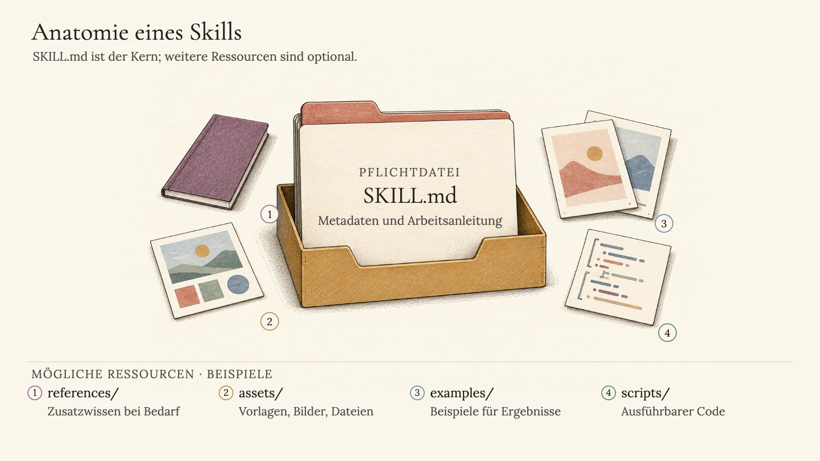 Anatomy of a Skill — Ordnerstruktur eines Skills mit SKILL.md, references/, assets/, templates/, examples/ und scripts/