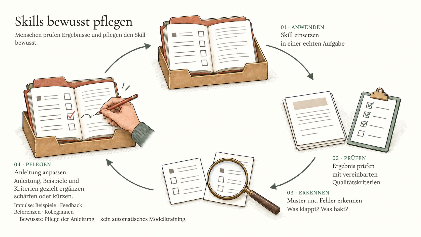 Skill Evolution Loop — kreisförmiger Prozess aus Skill nutzen, Ergebnis prüfen, Muster erkennen, Skill anpassen, nächster Einsatz, besseres Ergebnis, gespeist aus neuen Beispielen, Feedback, Referenzen und Kolleginnen-Hinweisen
