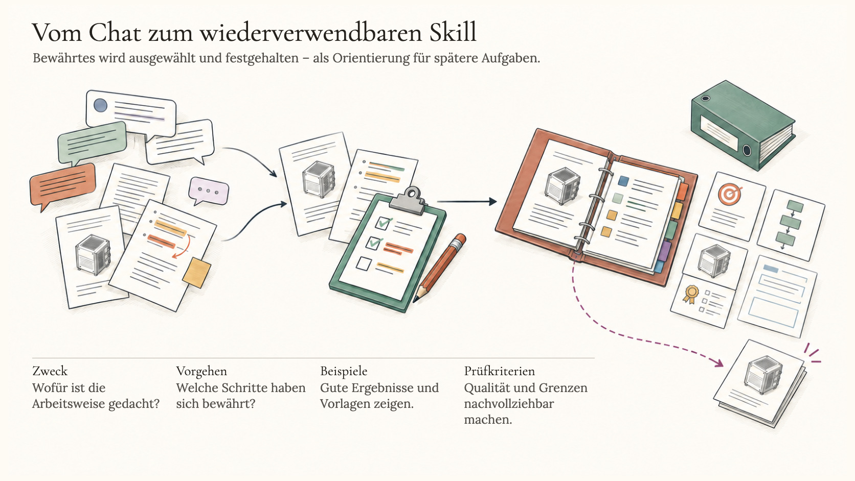 Vom Chat zum System — links viele verstreute Chatfenster, unübersichtlich und nicht wiederverwendbar, rechts ein strukturierter Skill-Ordner mit Anleitung, Beispielen, Templates, Referenzen und Qualitätskriterien