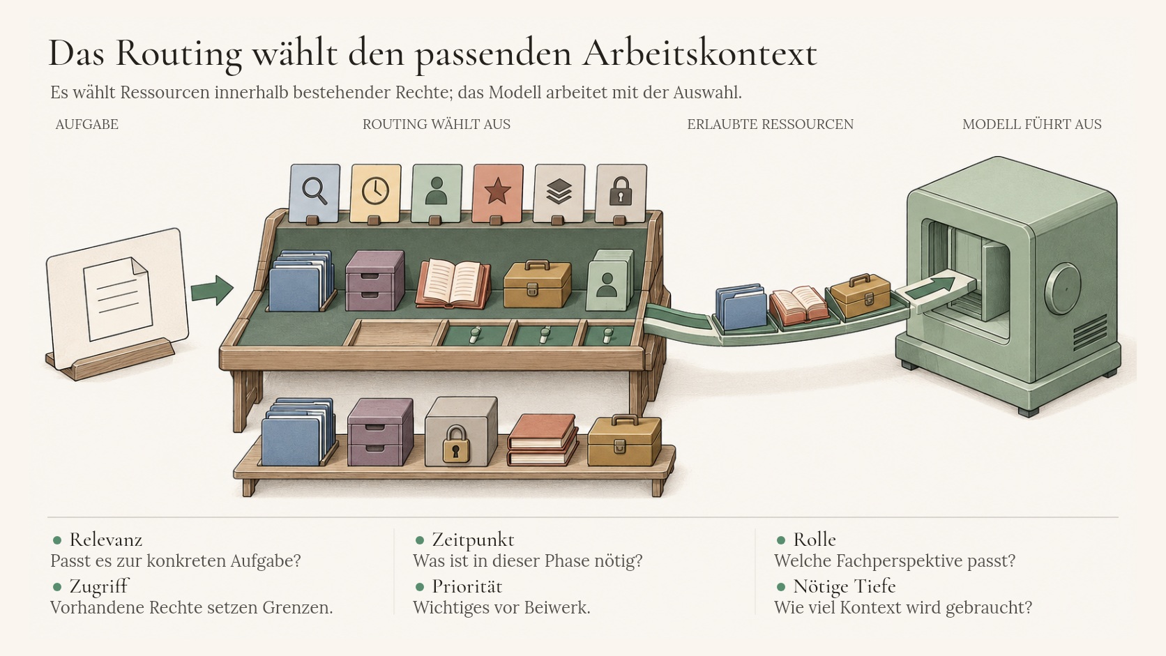 Kontext-Routing-System — eingehende Aufgabe, Routing-System bewertet Relevanz, Rollen, Skills, Wissenslayer, Priorität und Zugriffsrechte, nur relevante Module werden aktiviert, viele Systeme bleiben inaktiv, der Agent arbeitet mit der ausgewählten Komposition