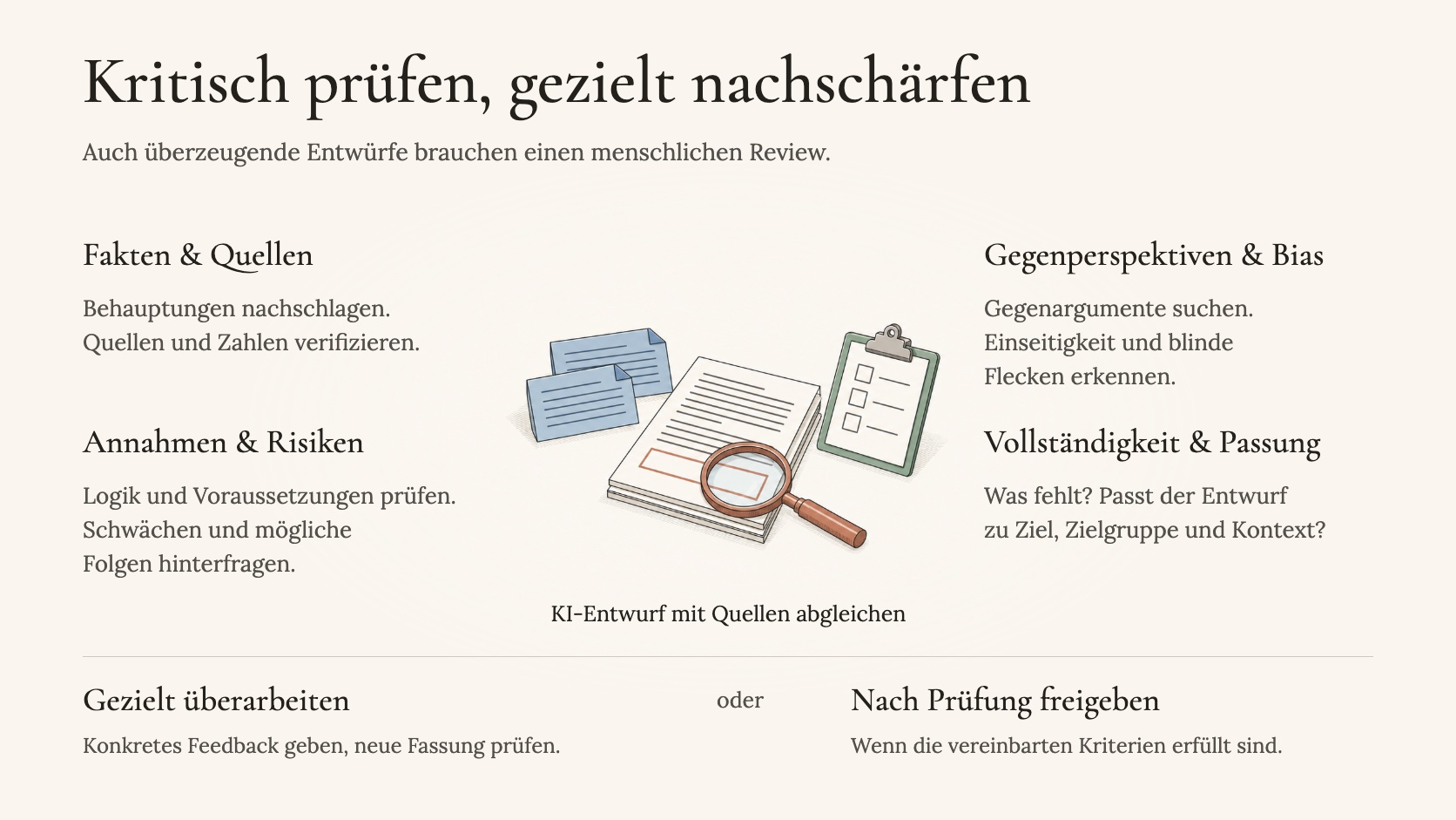 Iteratives Steering — kurzer Startprompt, kleine Antwort, Steuerimpulse wie ‚mehr strategisch', ‚weniger generisch', ‚mehr CEO-Sicht', ‚nutze diese Beispiele', mit jeder Iteration größere und präzisere Antworten bis zur vollständigen Ausarbeitung
