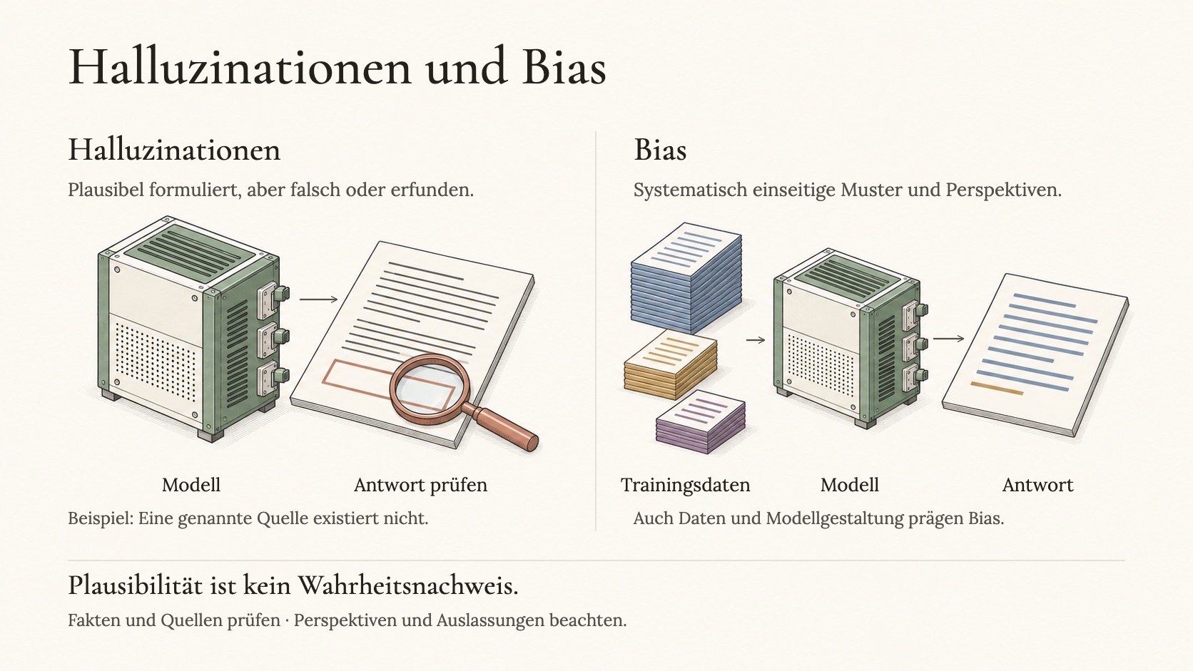 Bias und Halluzinationen — identischer Prompt, verschiedene Modelle, unterschiedliche Antwortblasen und Narrative