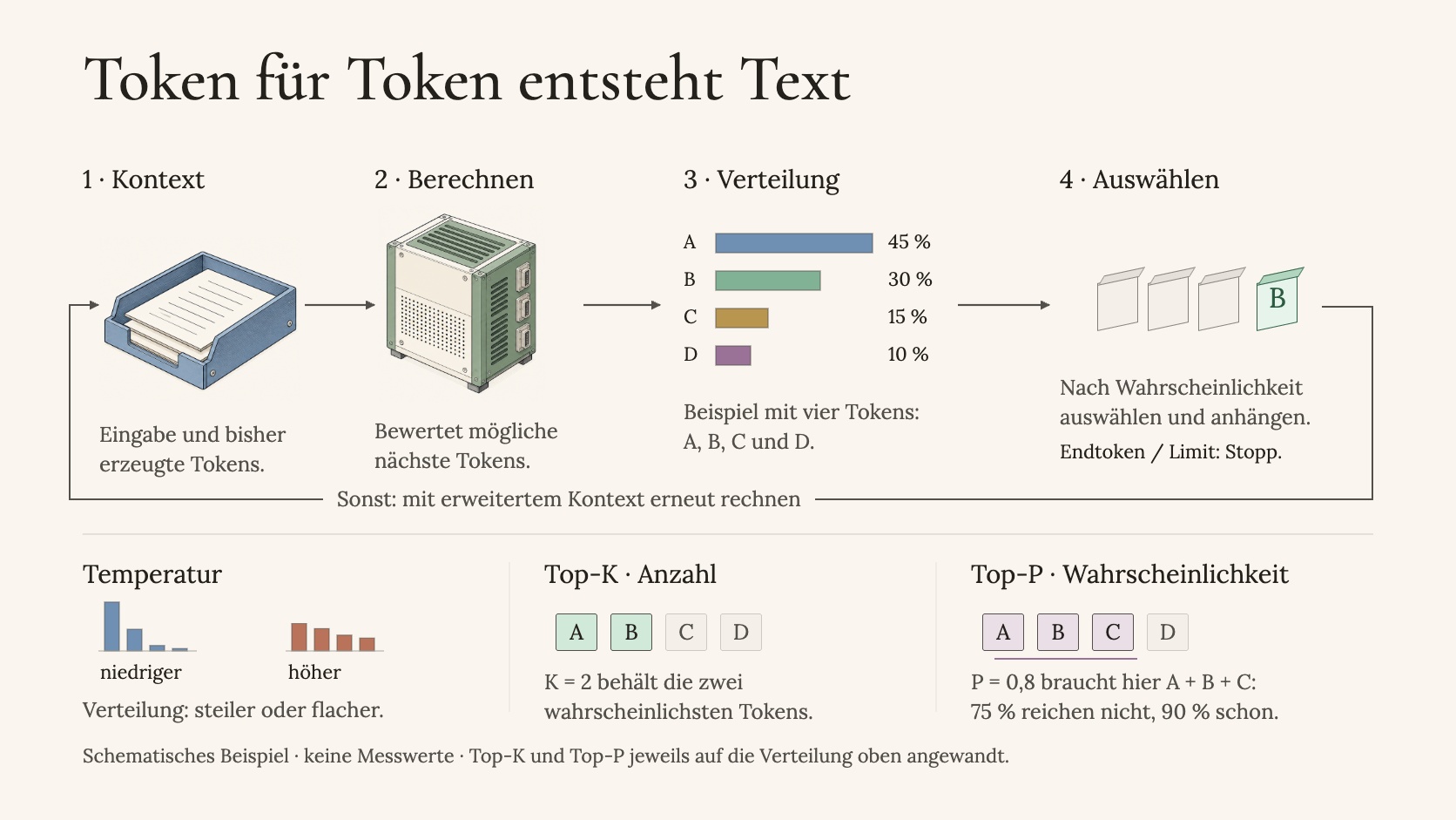 Next-Token-Generation — Wahrscheinlichkeitsverteilung möglicher nächster Tokens und Einfluss der Temperatur