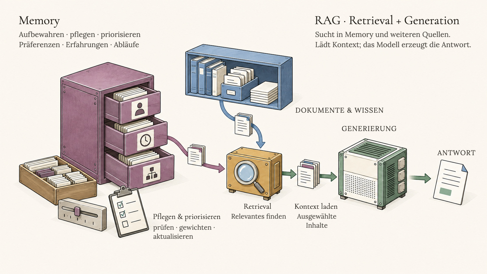 Memory vs Retrieval — links großer Wissensspeicher mit RAG-Retrieval als Zugriffsschicht, rechts mehrere echte Gedächtnissysteme: Präferenzen, Erfahrungen, Prozesse, Learnings, Entitäten