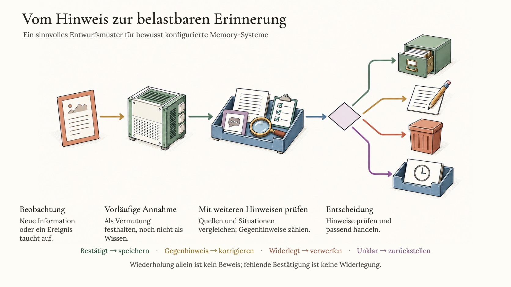 Der Memory-Validation-Loop — neue Information wird zur Hypothese, über weitere Interaktionen validiert oder verworfen, erst dann dauerhaft gespeichert, mit Zweig für Abschwächung bei fehlender Bestätigung