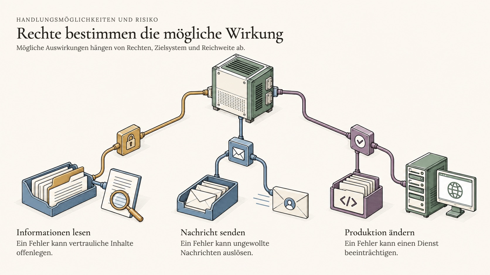 Capability vs Risk — Kurve mit steigender Autonomie auf der x-Achse und steigendem Risiko auf der y-Achse, mit Beispielen Chatbot, Mail-Agent, Coding-Agent, Deployment-Agent, autonomer Infrastruktur-Agent entlang der Kurve
